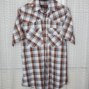Brown and Blue Vintage Plaid Western Snap Button Short Sleeve Shirt SzM